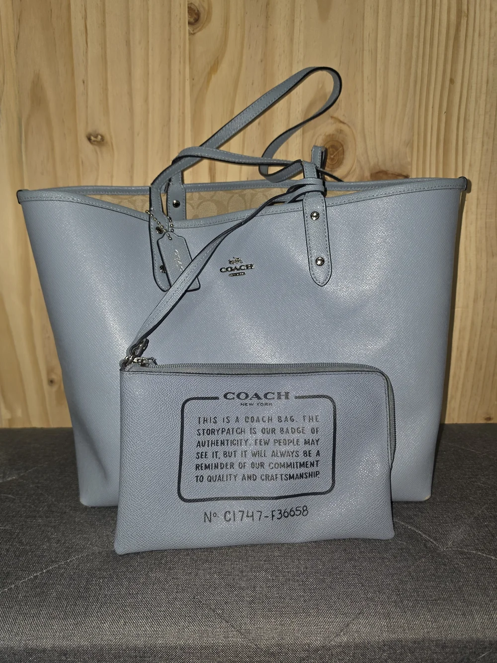 Coach Light Blue Tote with Matching Pouch, Reversible